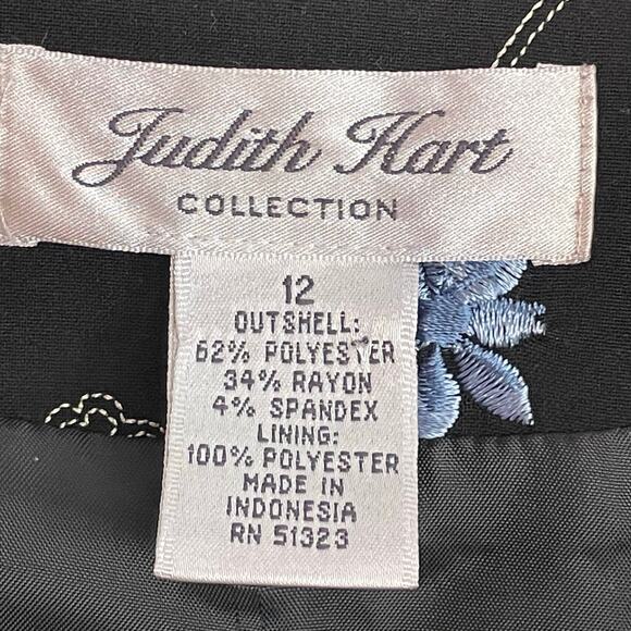 Judith Hart Black Blazer Blue Embroidered Floral Sz 12 Spring Summer Career Wear - Picture 6 of 7